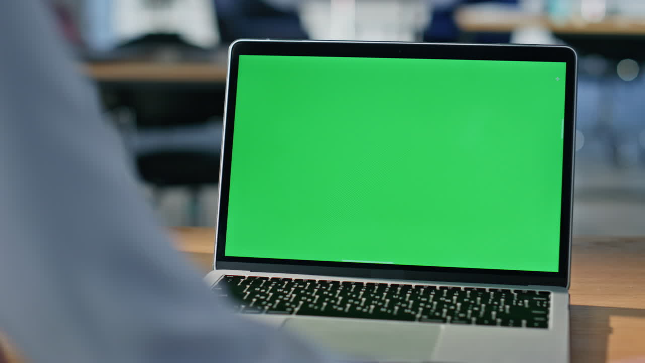 Manager working chromakey laptop at office space closeup. Unrecognizable woman