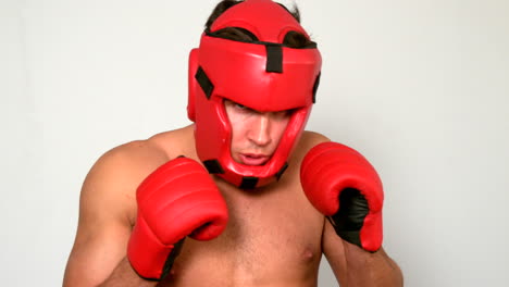 boxeador duro golpeando con guantes rojos
