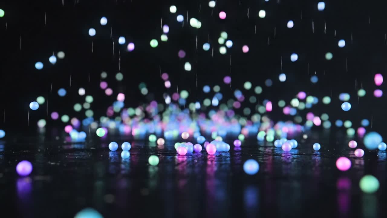 垂直に落下する筋がパステルカラーの球体を弾ませ、光沢のある床に溜まり反射している。
