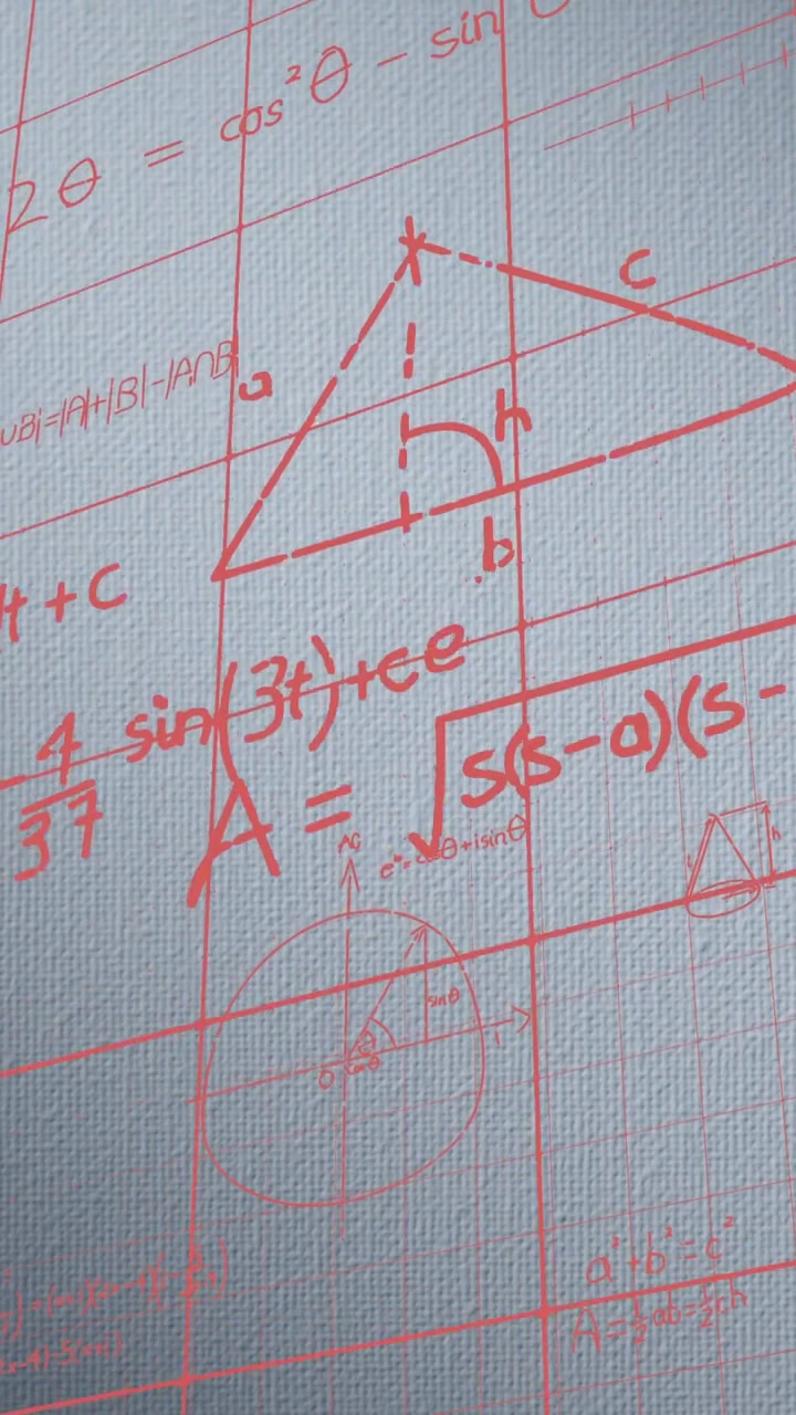 Animation of mathematical equations floating over grid network against grey background