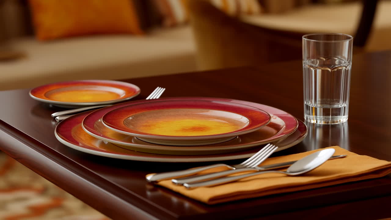 Close-Up of a Formal Dining Table Setting with Red and Orange Plates