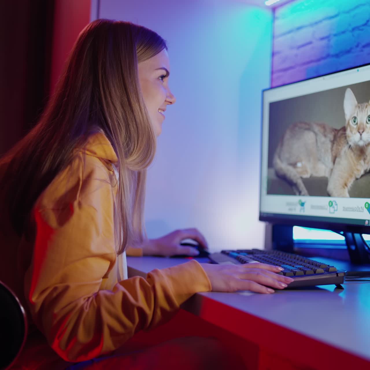 . Woman watching computer. Portrait of young girl using computer at home