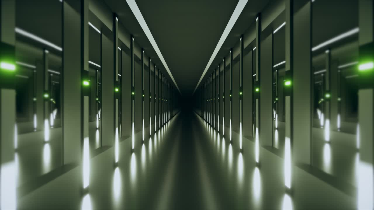 túnel de ciencia ficción o corredor de nave espacial. la cámara se desplaza por un corredor iluminado por neón. concepto futuro. animación 3d de bucle sin costuras