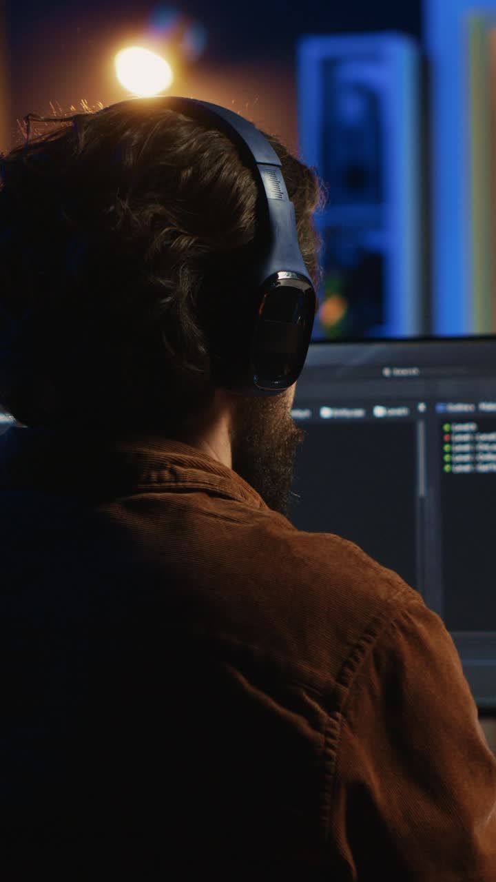 Man Coding on Computer with Headphones in Dark Office