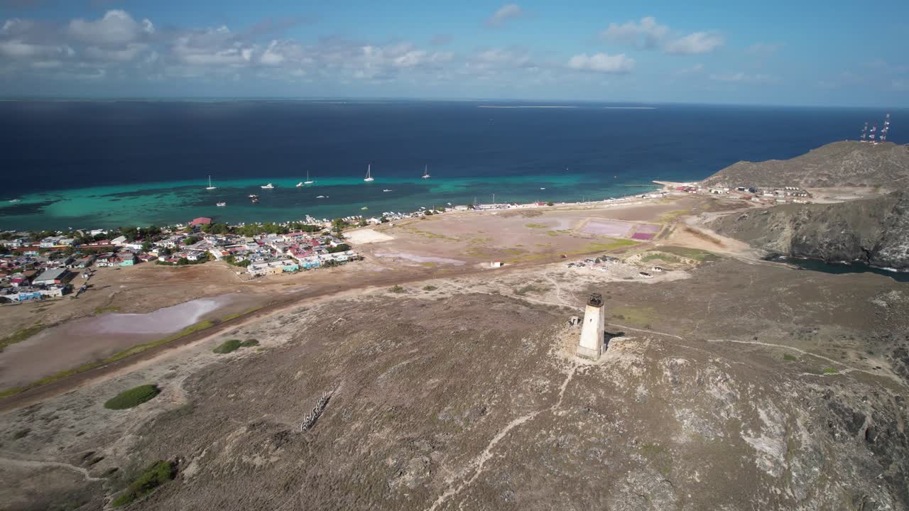 Gran roque island with its lighthouse and village, surrounded by the blue sea, aerial view