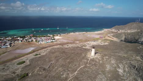 gran roque island with its lighthouse and village, surrounded by the blue sea, aerial view