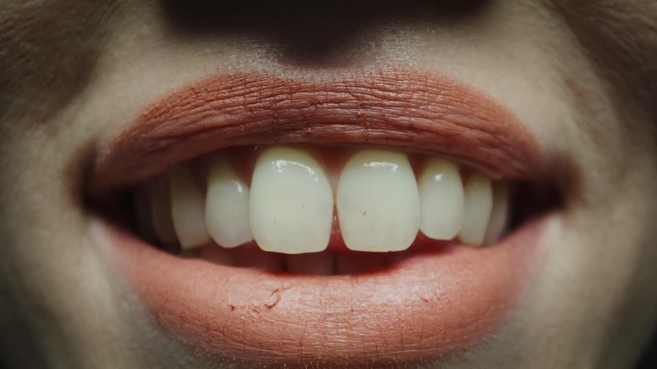 Macro primo piano delle labbra di una donna che si aprono per rivelare denti bianchi e un sorriso.