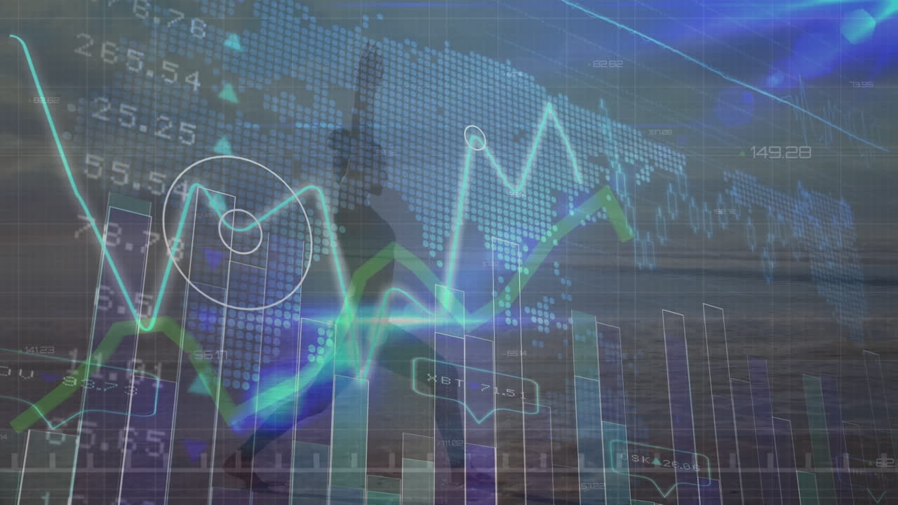 animación del procesamiento de datos sobre una mujer caucásica haciendo ejercicio en la playa