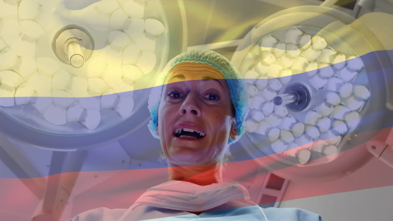 수술실에서 여성 외과 의사가 카메룬의  ⁇ 발을 흔들고 있는 애니메이션