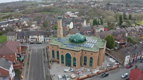 Aerial-view-of-Gilani-Noor-Mosque-in-Longton,-Stoke-on-Trent,-Staffordshire,-the-new-Mosque-being-built-for-the-growing-muslim-community-to-worship-and-congregate