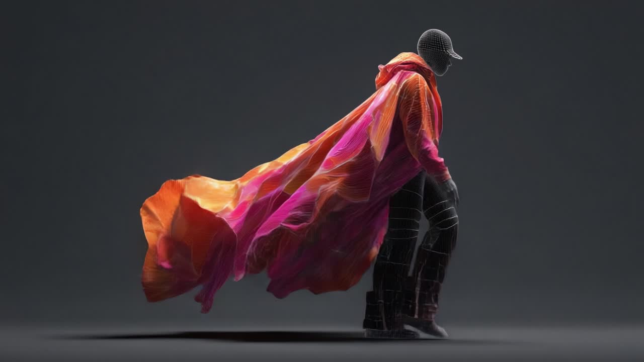 Dynamic Movement and Color in Fashion: A Visual Exploration of a Stylish Figure in a Vibrant, Flowing Garment that Captivates with Its Bold Patterns and Artistic Details