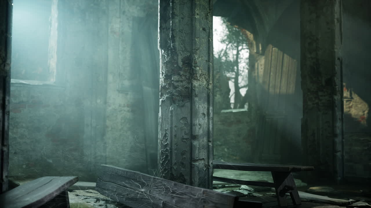 Abandoned church with benches and light streaming through windows