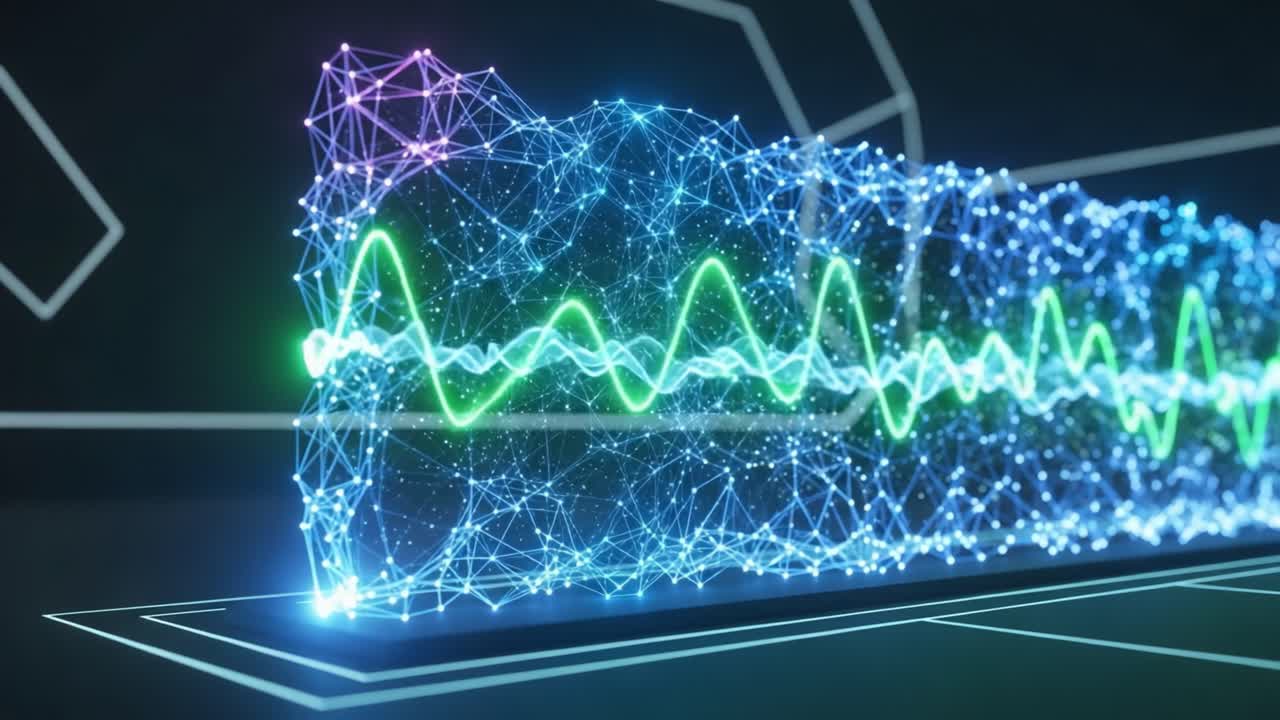 Dynamic Visualization of Waveforms Represented through an Intricate Network of Light-Infused Nodes and Lines, Forming a Digital Sound Landscape