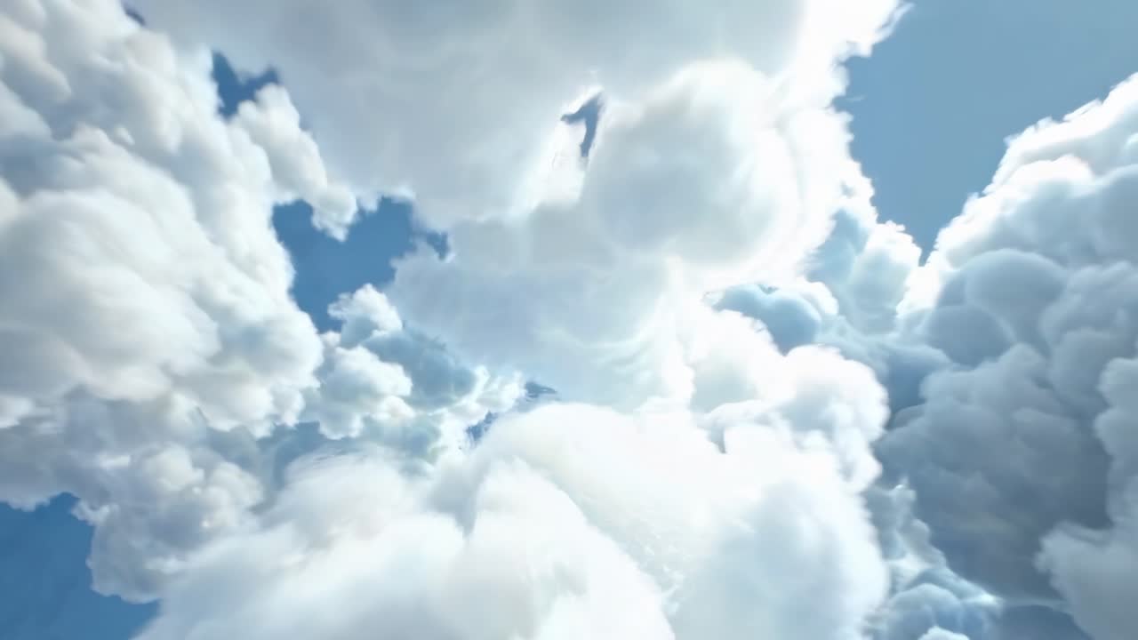 A serene video scene of fluffy clouds from a low-angle perspective, capturing the vastness