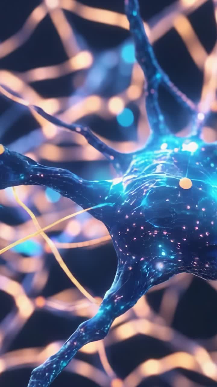 Vertical video: Neuron pulsing light orbs initiating signal propagation along filaments in darkness