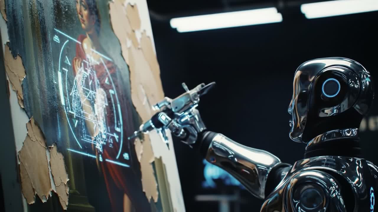 A highly advanced robot uses a precision tool to recreate an artwork in a modern studio filled with vibrant colors and an artistic vibe. The environment features elements of decay and innovation.