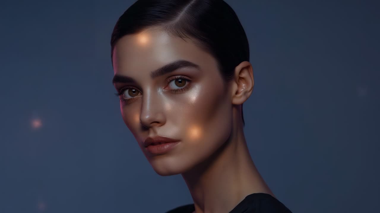 Turning woman wearing dark top rotating left in studio, as warm spark ...
