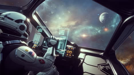 astronaut piloting a spaceship through the galaxy