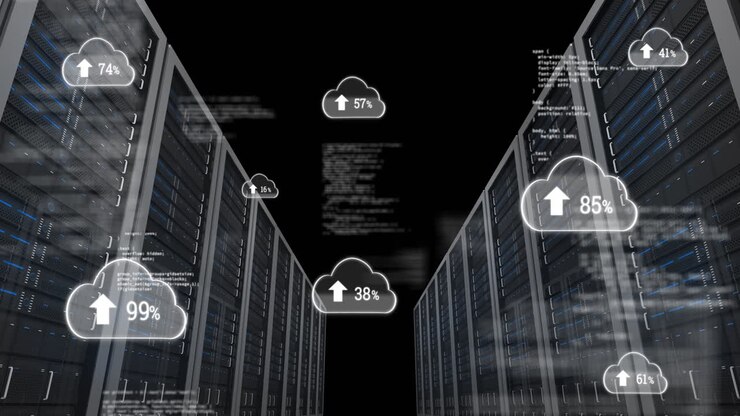 Animation of data processing and clouds with percentage over server room