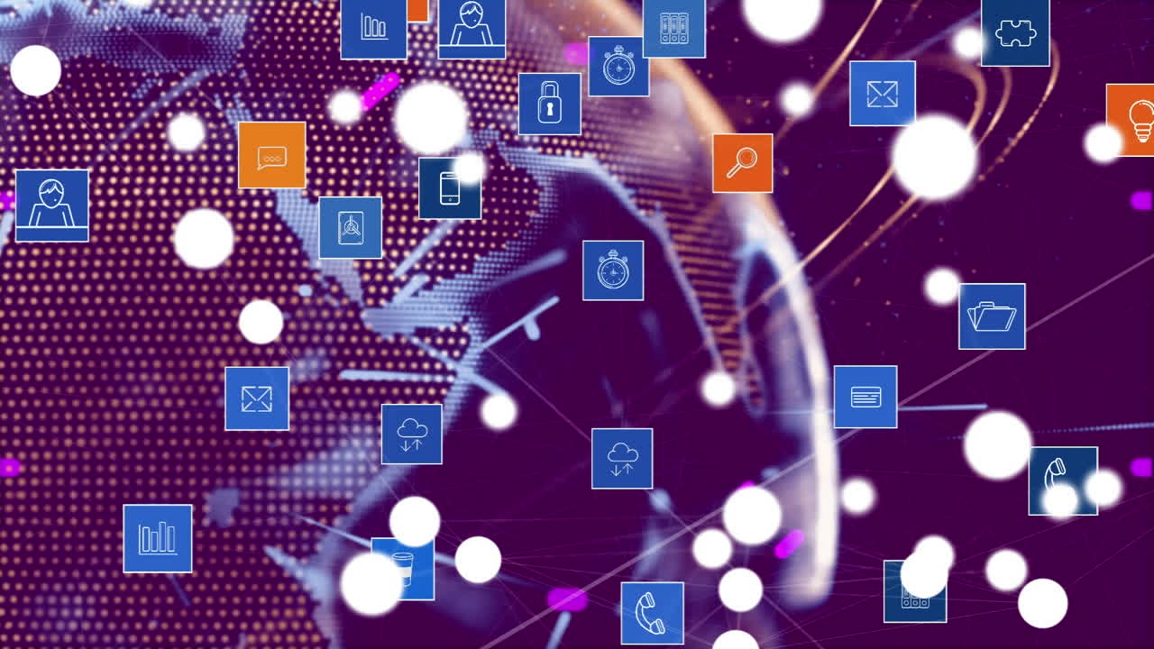 보라색 배경 위에 아이콘을 가진 연결 네트워크와 함께 지구의 애니메이션