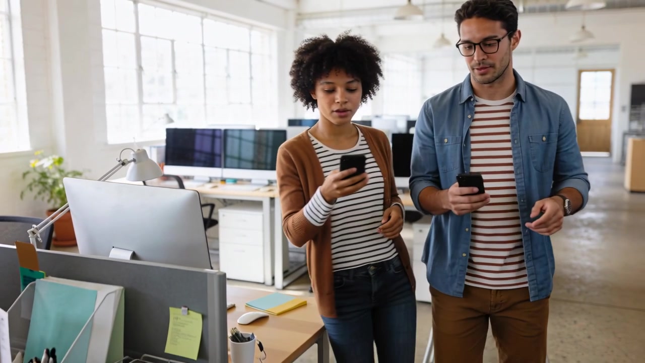 Walking two coworkers checking phones while reviewing work from whiteboard in office in casual wear