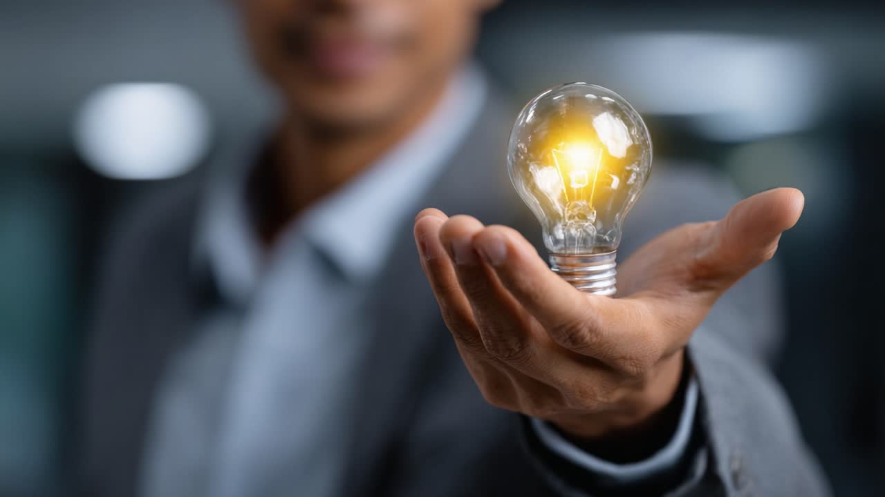 A person holding a glowing light bulb in their hand, symbolizing creativity, innovation, and new ideas in a professional and inspiring setting