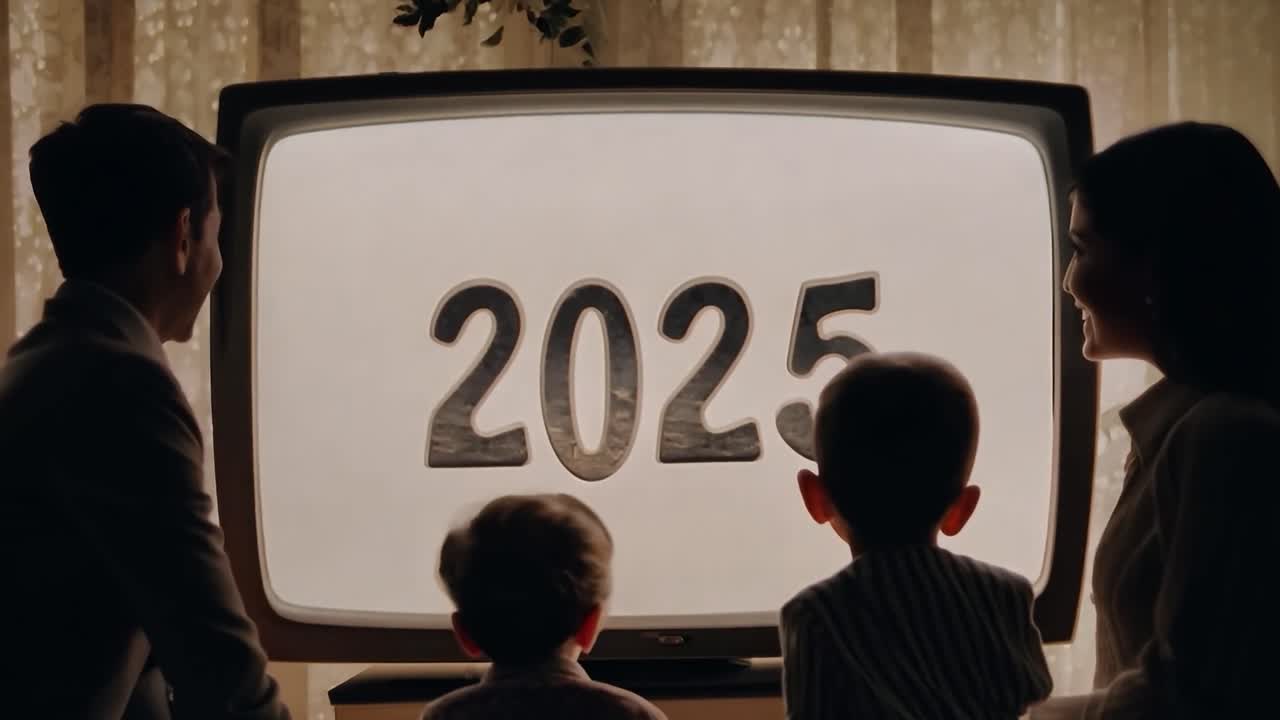 Una familia ve la cuenta regresiva para 2025 en su televisor retro