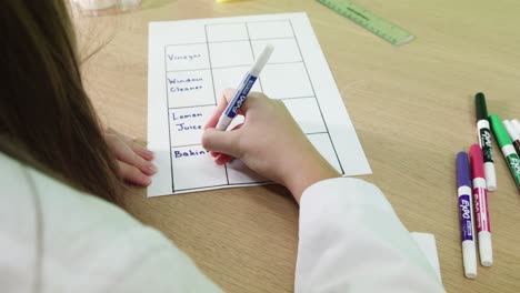 person writing on a table with markers