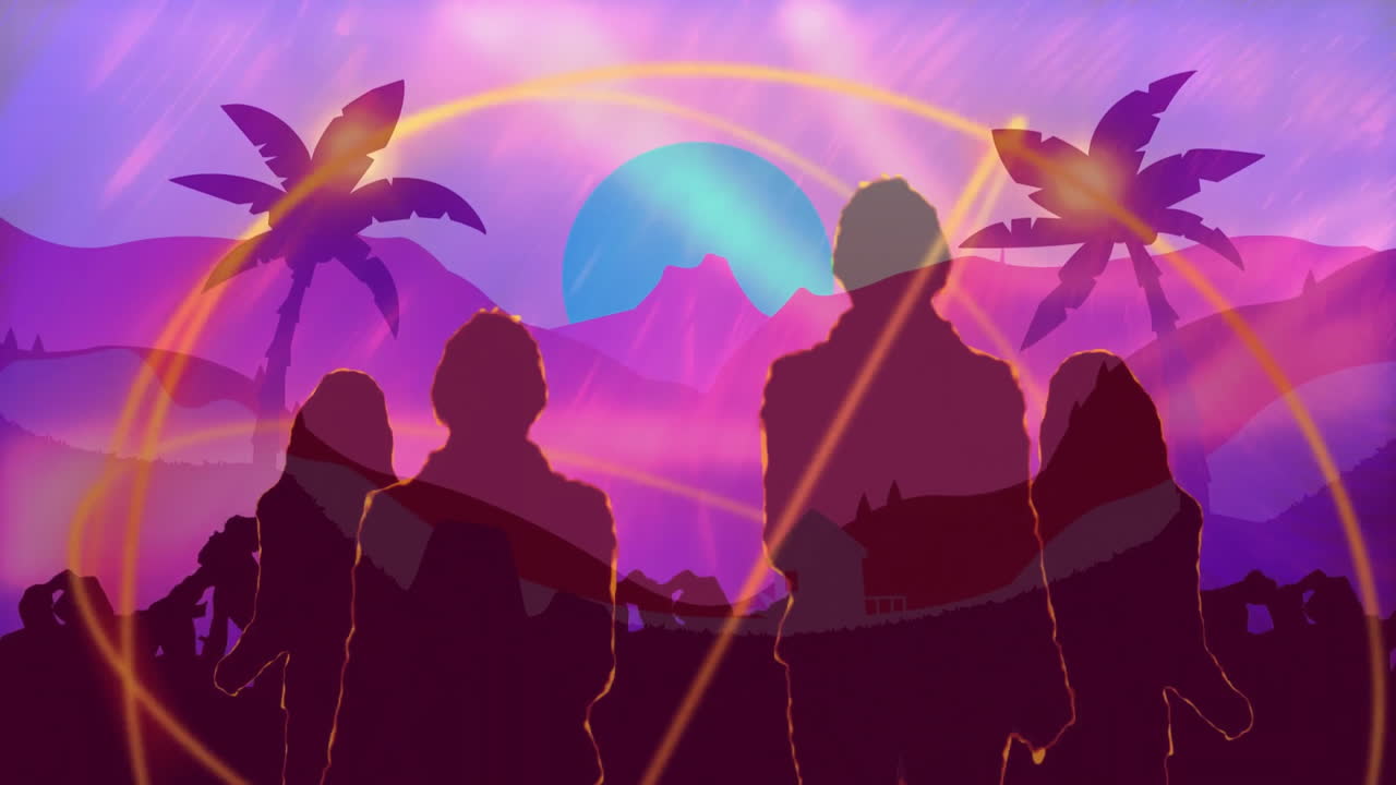 Vibrant sunset with palm trees, silhouettes of two people standing together