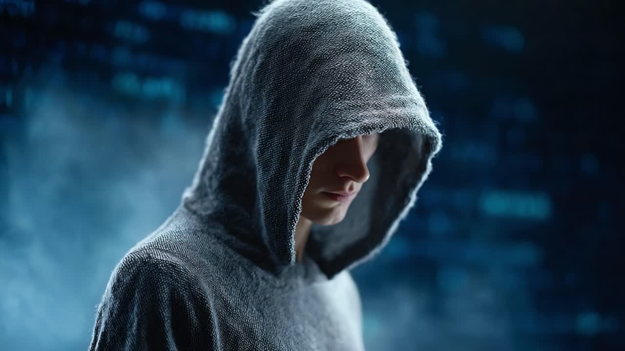 Mysterious Figure in Hoodie: A Contemplative Portrait of a Young Man Against a High-Tech Background, Evoking Themes of Intrigue and Modernity