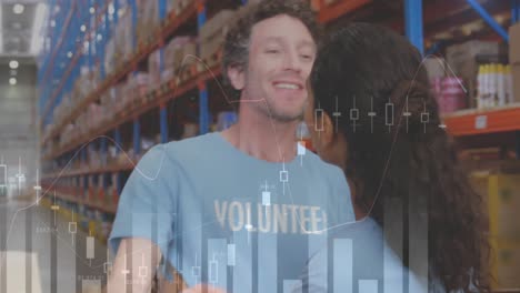 Statistical-data-processing-over-diverse-male-and-female-volunteers-hugging-each-other-at-warehouse