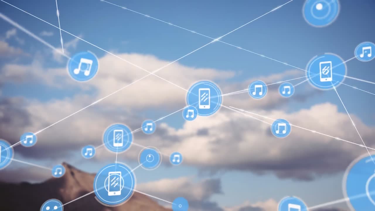 animação de rede de conexões com ícones sobre a paisagem