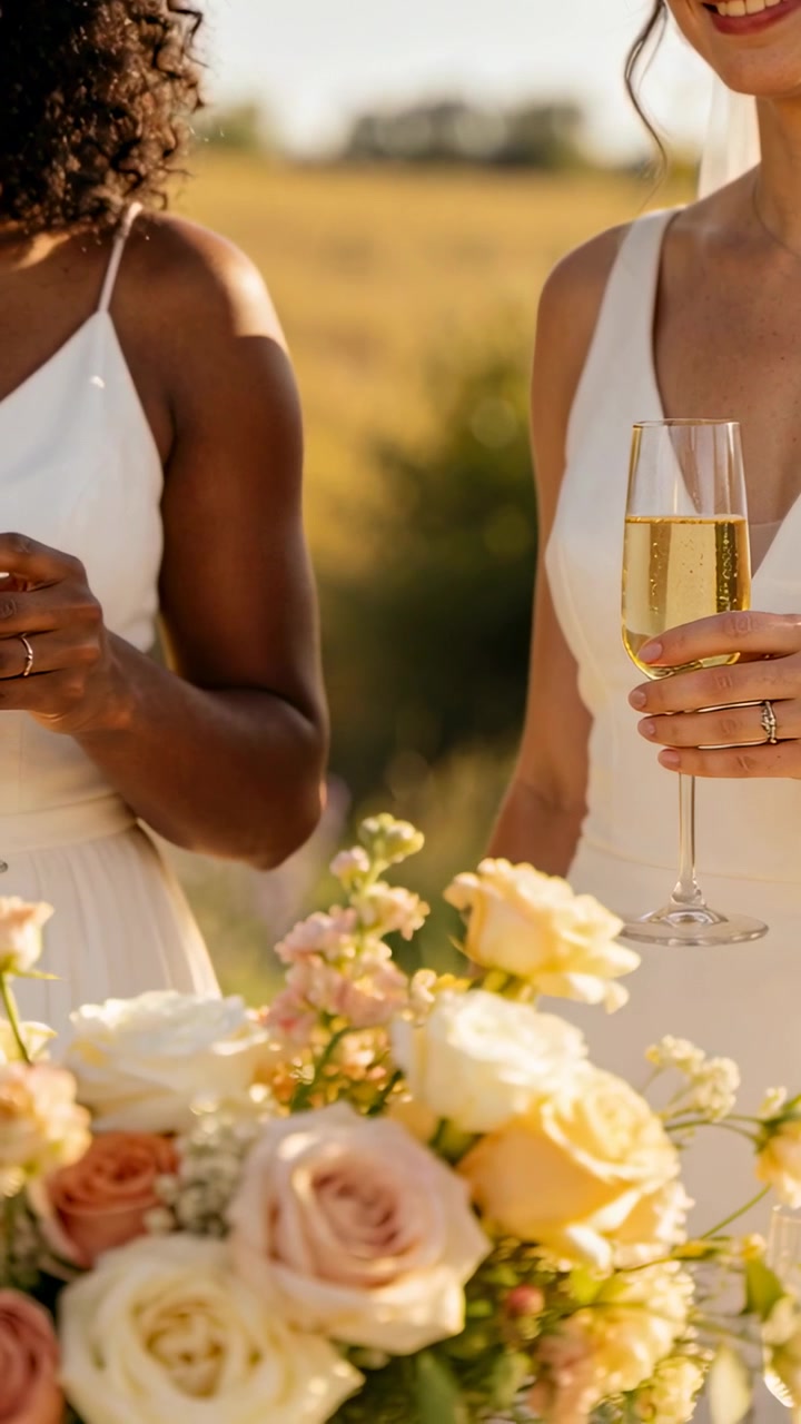 Vidéo verticale : Deux mariées en robes portant un toast avec des flûtes, des roses pastel dans un champ, la caméra se déplace.