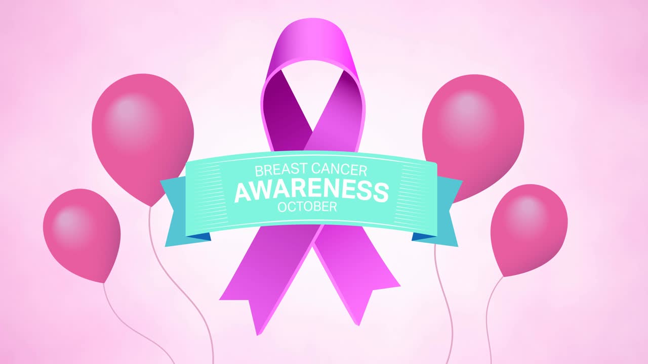 분홍색 리본 로고와 유방암 텍스트 위에 날아다니는 분홍색 풍선의 애니메이션