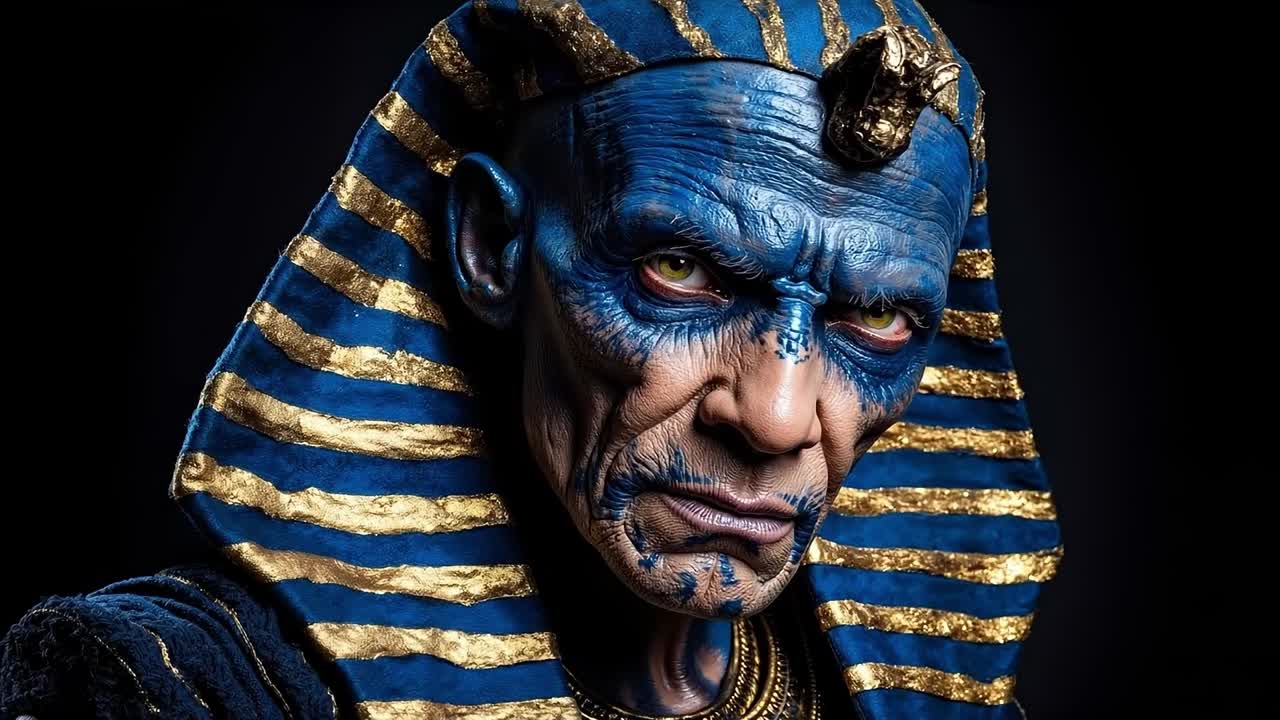 A close up of a man with blue and gold paint on his face