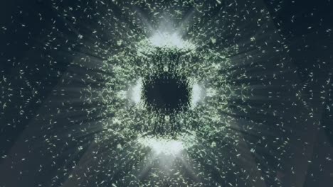 animation of glowing white particles moving together in circular motion on black background