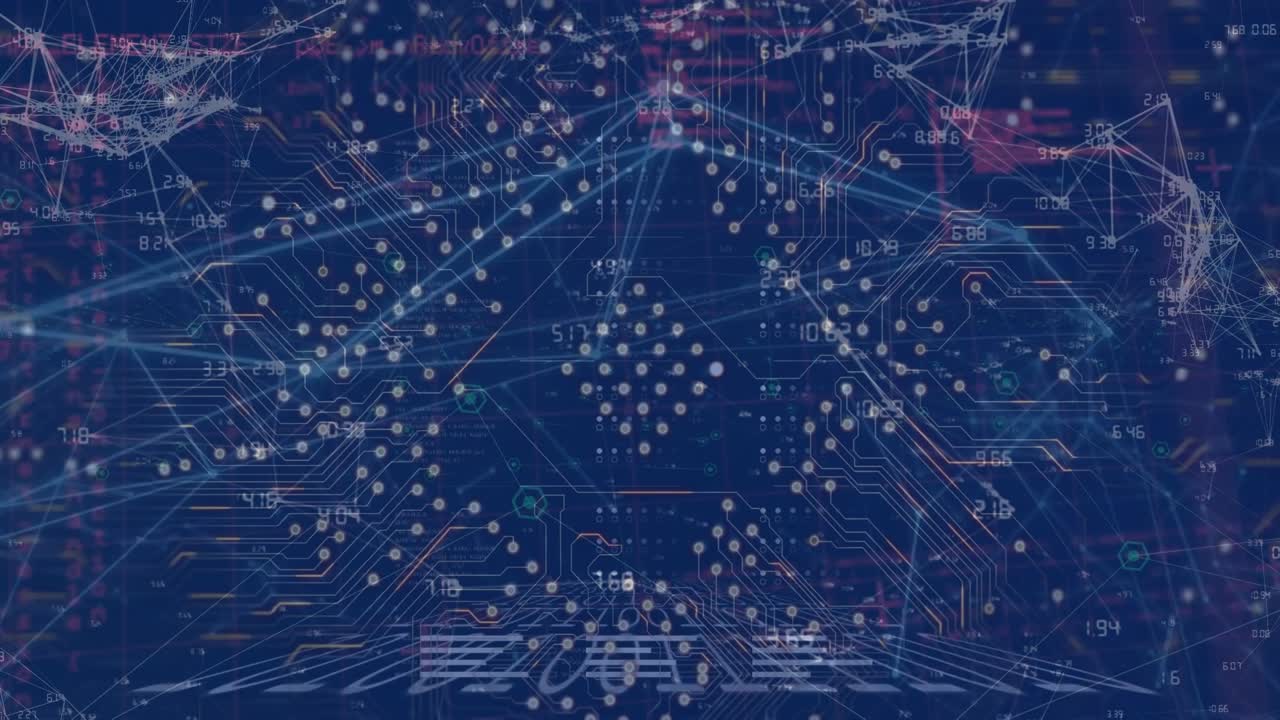 Animation of data processing with connecting dots, hud elements on digital interface