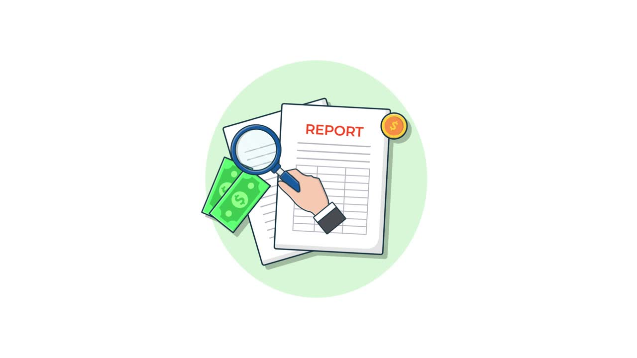 Animated Hand Examining Financial Report with Magnifying Glass
