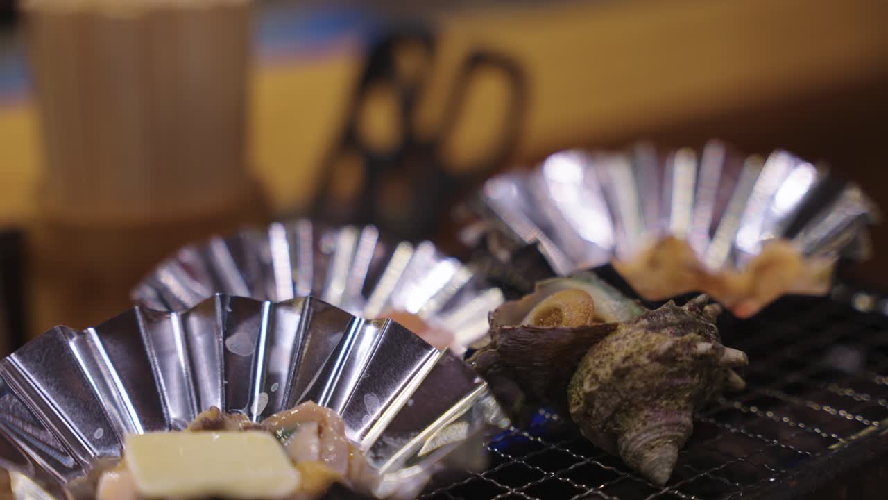 Turban Shells and Shellfish On Charcoal Grill, Japanese Seafood Dishes