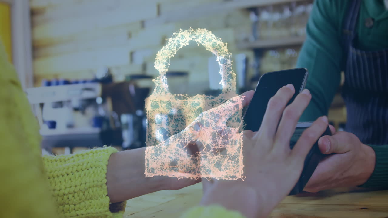 animación del candado de seguridad de la red sobre las personas que utilizan el terminal de pago