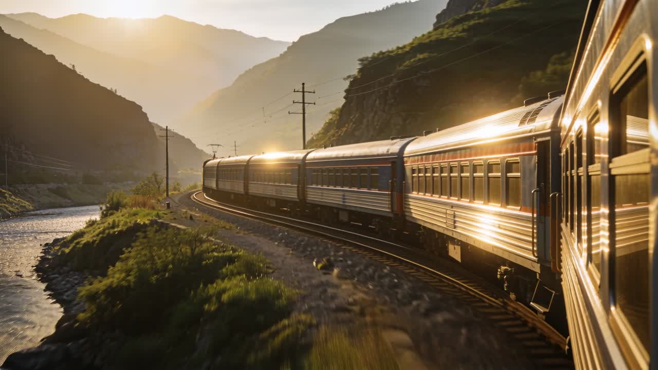 Train entering left curve as camera tracking silver train cars beside river, sunlight reflecting