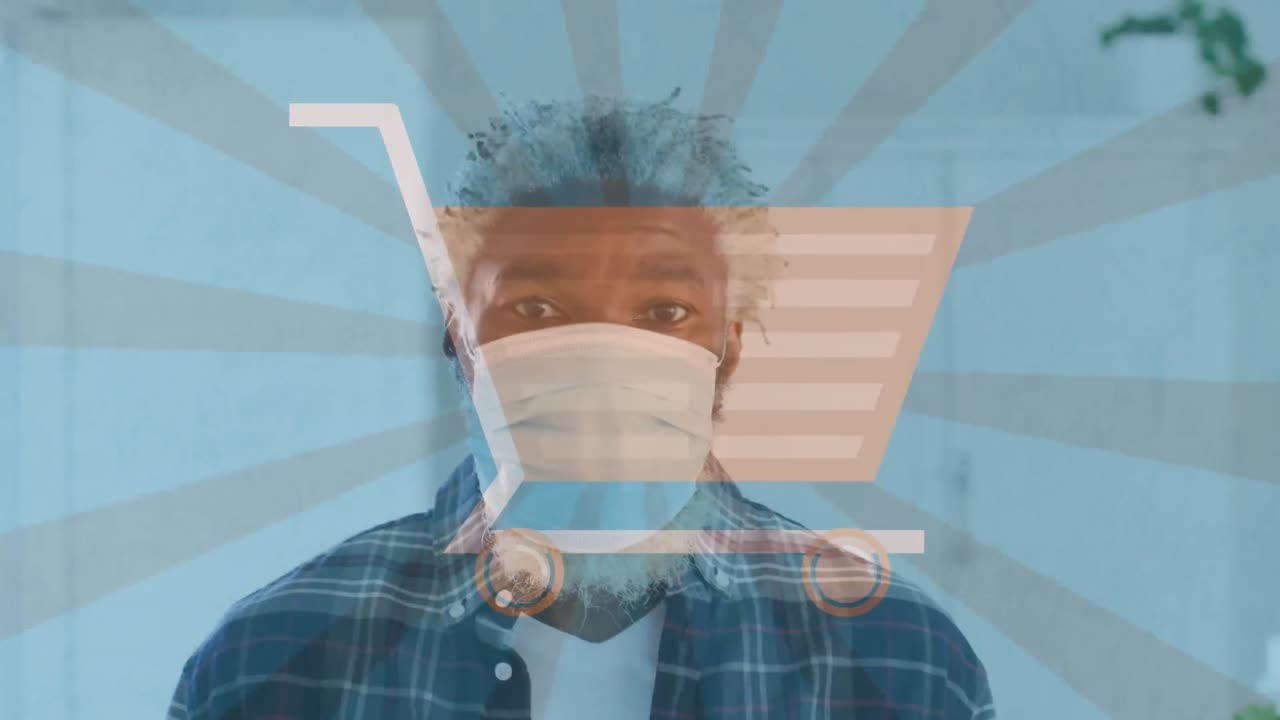 얼굴 마스크를 입은 남자 위에 쇼핑 카트의 애니메이션