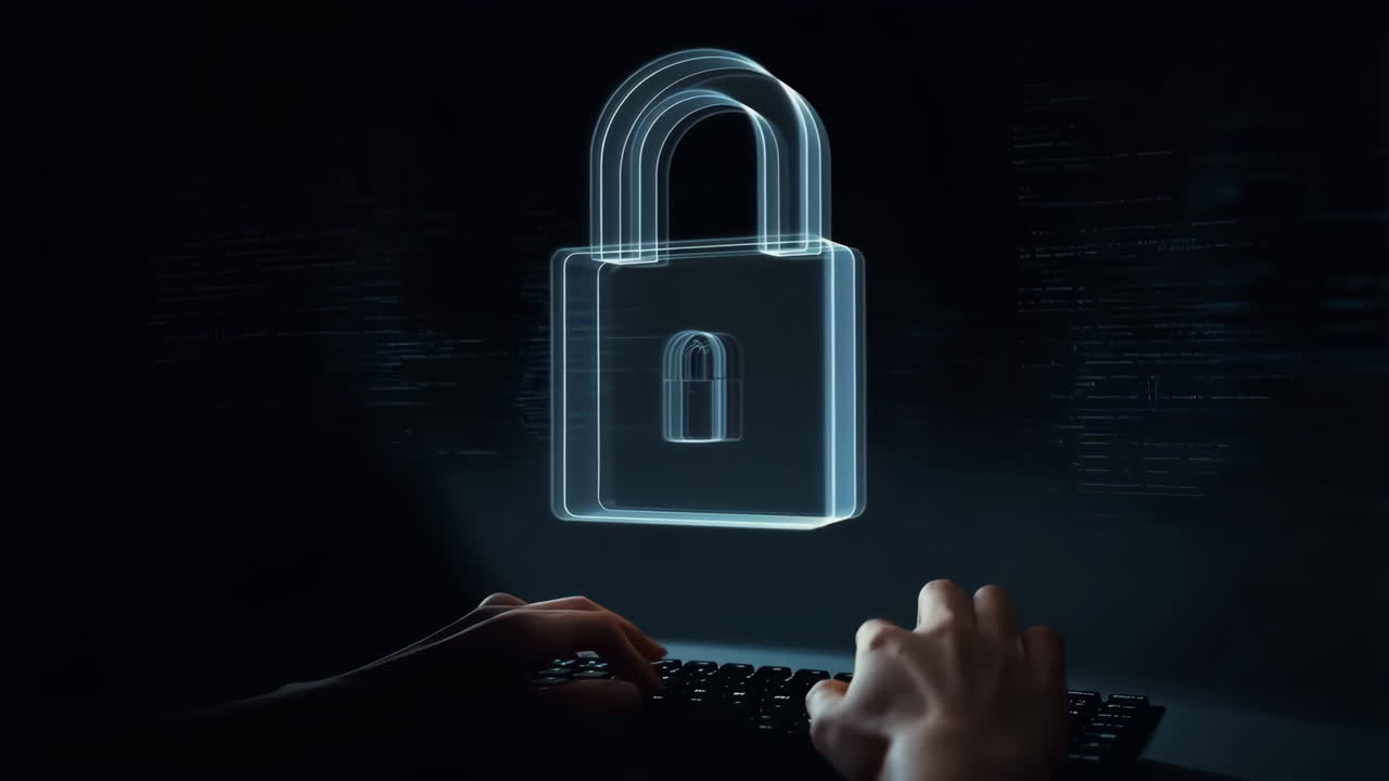 Digital Security Concept with Glowing Padlock and Hands Typing