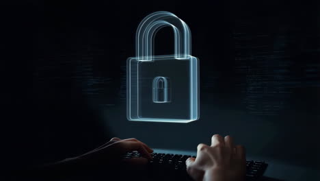 digital security concept with glowing padlock and hands typing