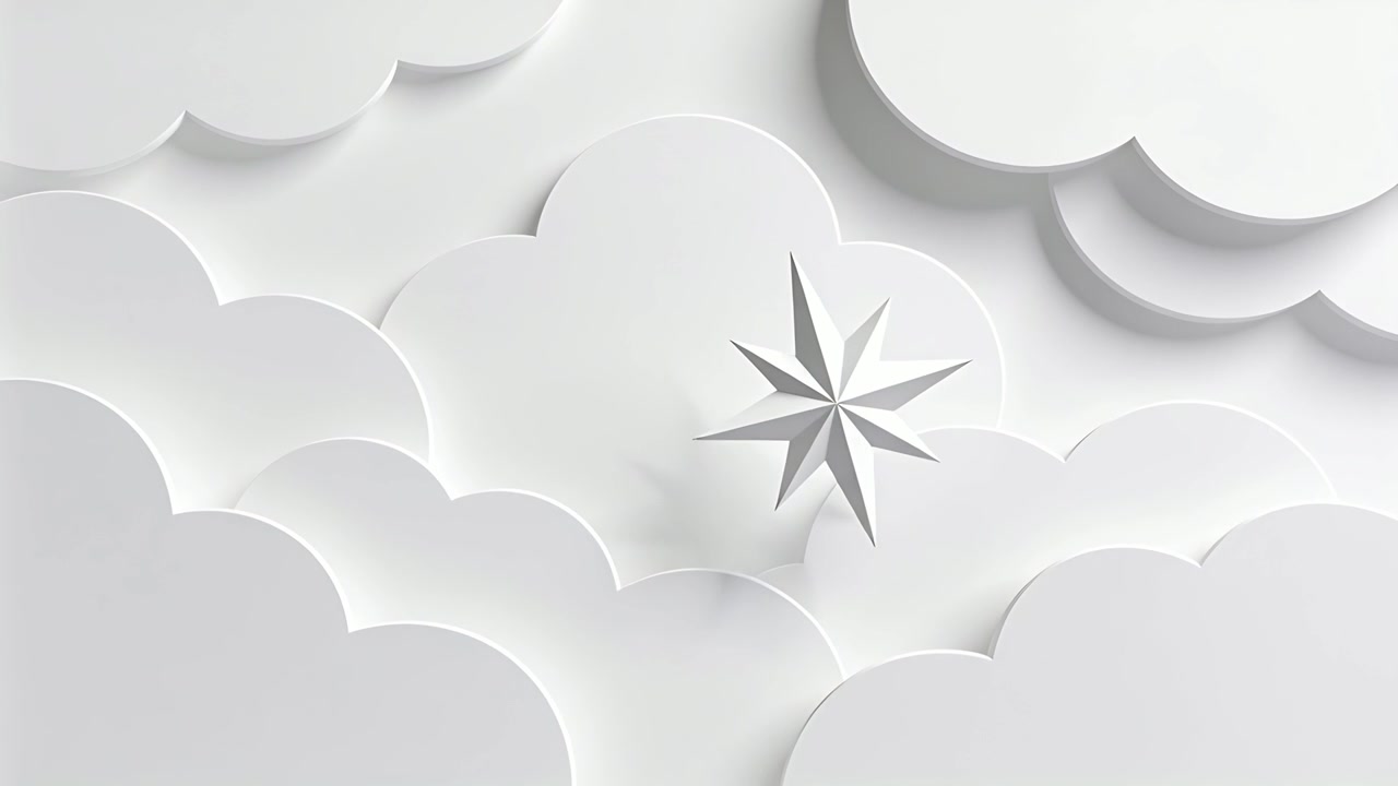 Rotating 8-point star drifting down-left over papercraft set, frame advance revealing cloud layers