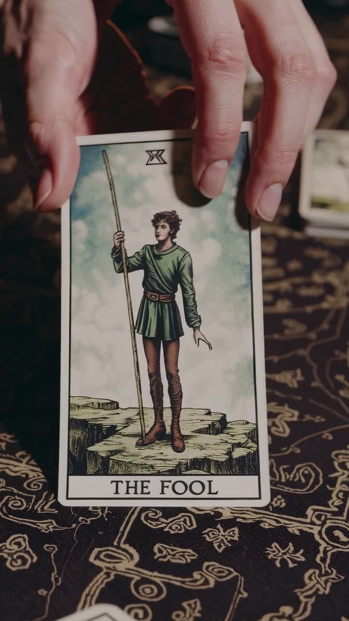 Fortune teller holding the Fool tarot card during a tarot reading session, displaying the card against a backdrop of arcane symbols, creating an atmosphere of mysticism and spiritual insight