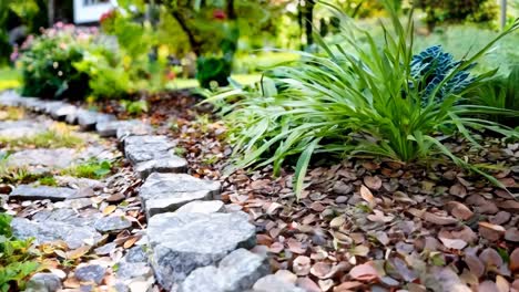 a stone path in the middle of a garden with plants and flowers