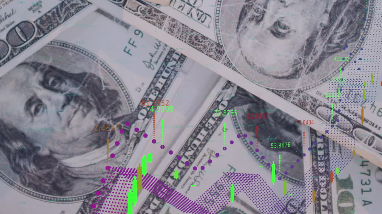 Animation of colourful graph processing data over dollar banknotes