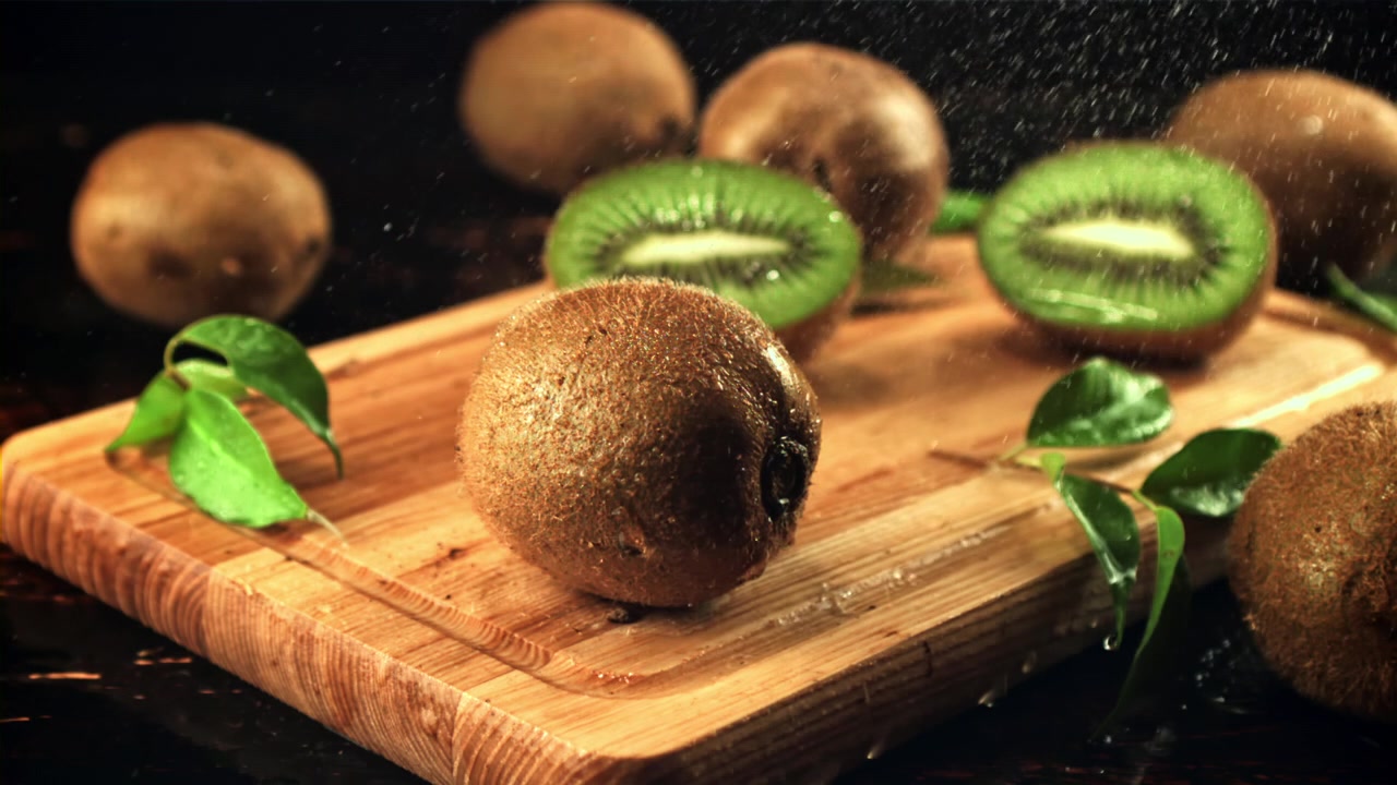 Kiwi freschi e fette con schizzi d'acqua su un tagliere di legno