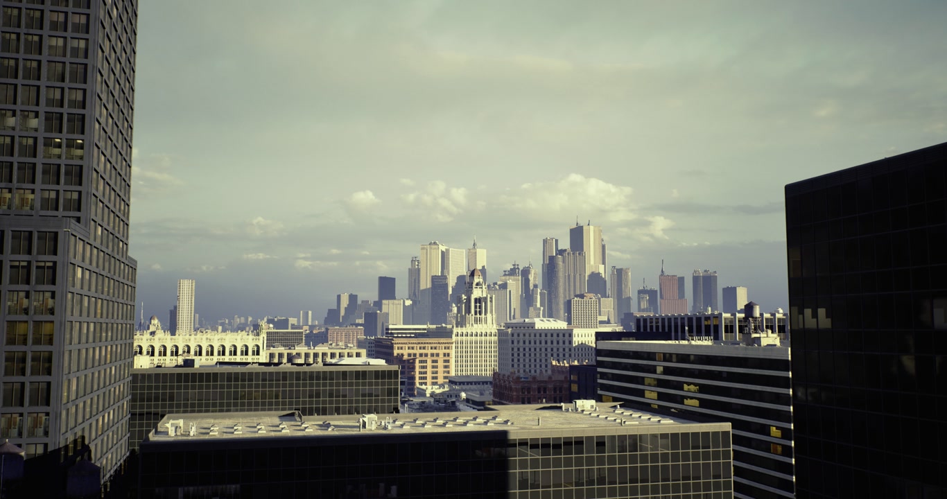 Vivid skyline during sunset with glowing towers and foreground structures